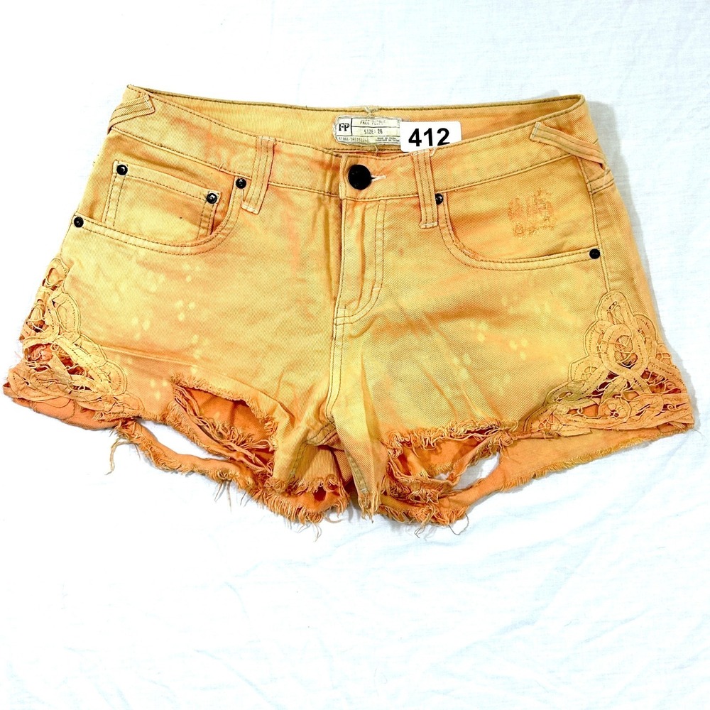 Free People Tangerine Orange Ombre Lace Crochet Detail Jean Shorts Sze 26 Frayed